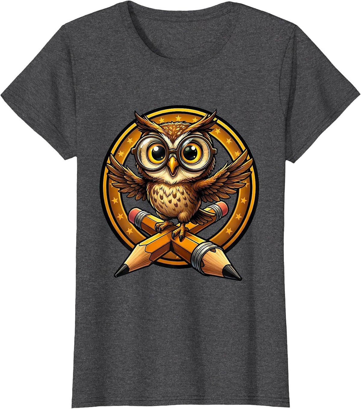 Women's Sped Teacher Owl on Pencil Glasses Graphic T-Shirt - Dark Heather Grey