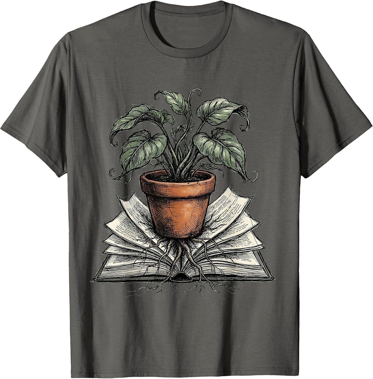 Men's Potted Plant Growing From Open Book Illustration T-Shirt - Asphalt Grey