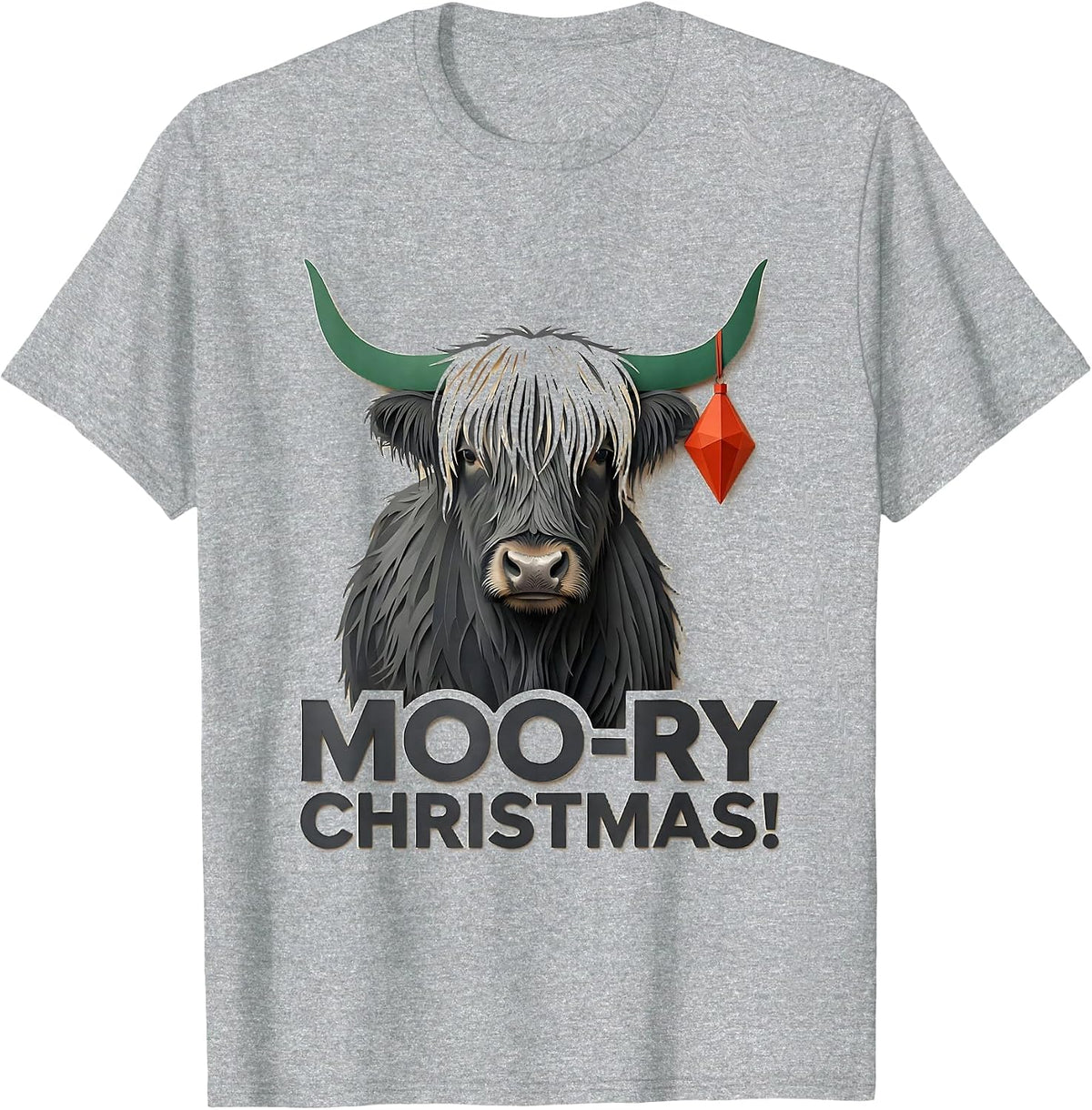 Men's Moo-ry Christmas! Paper Cutout Highland Cow Seasonal Holiday T-Shirt - Heather Grey
