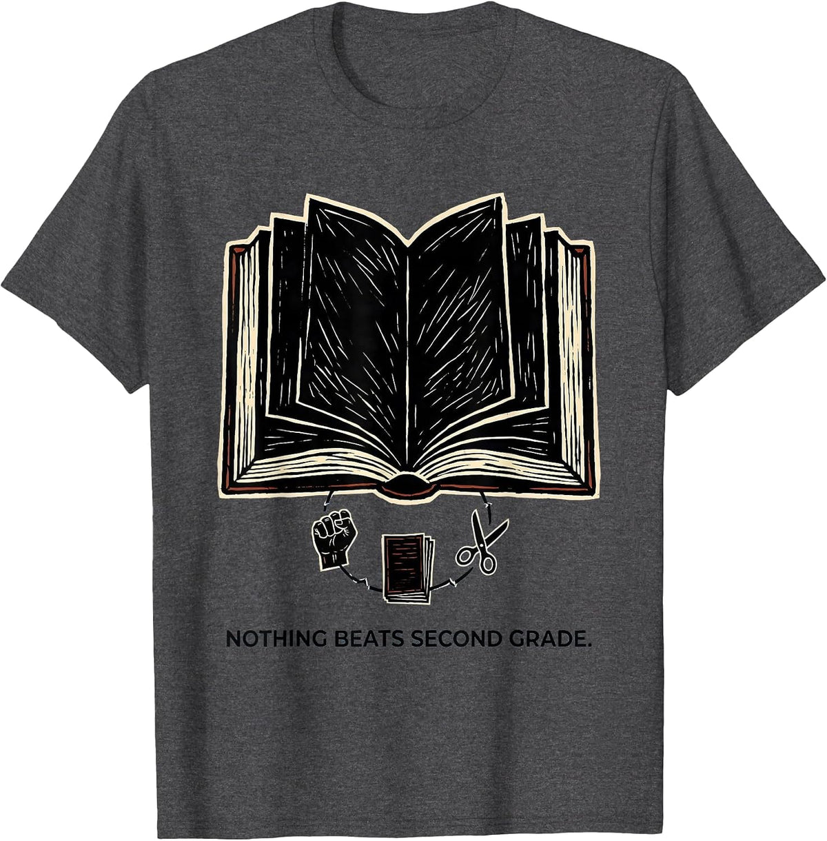 Nothing Beats Second Grade Linocut Back to School Rock Paper T-Shirt - Dark Heather Grey