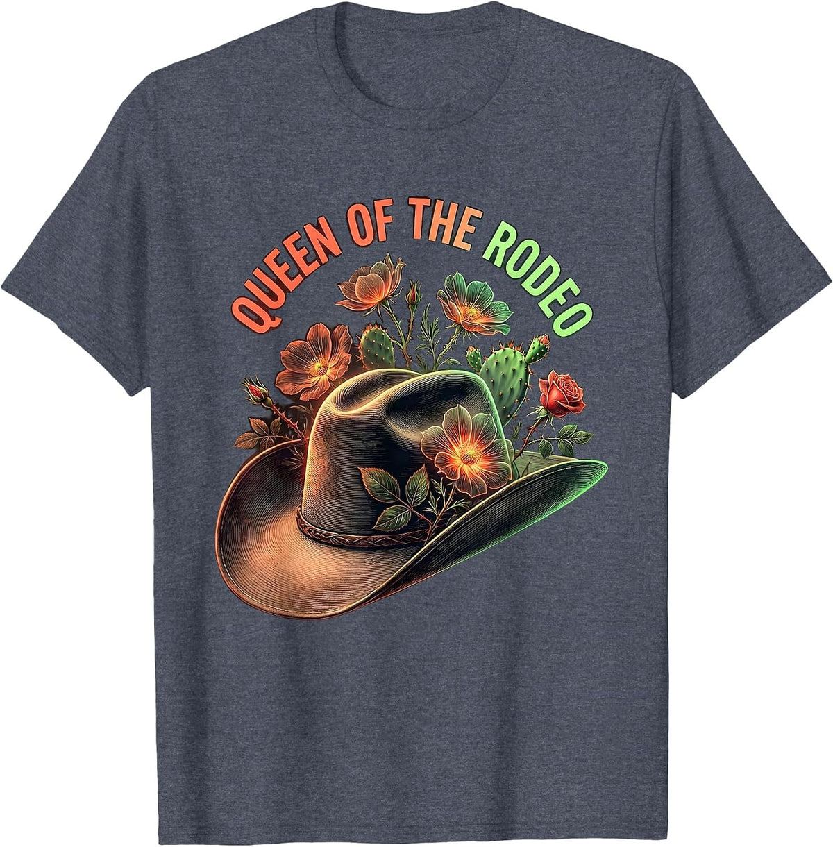 Queen of the Rodeo Cowgirl Graphic Design T-Shirt - Heather Blue