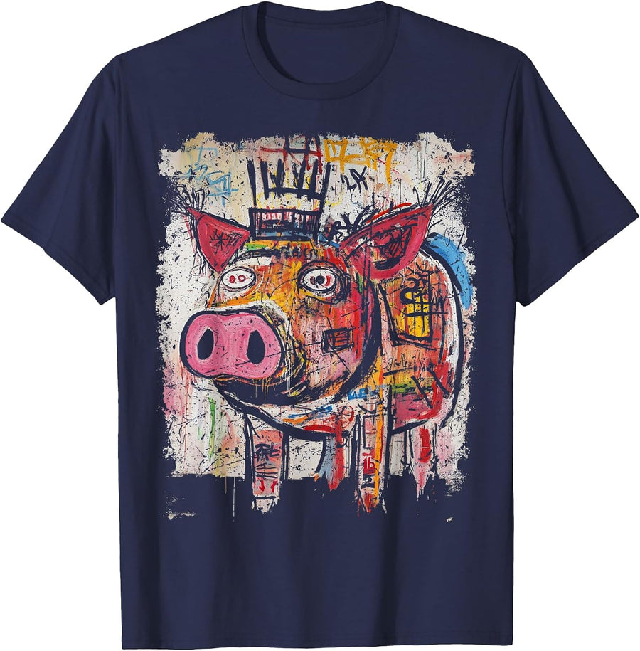 Pop Art Style Pig 90s Men's Graffiti T-Shirt - Navy Blue