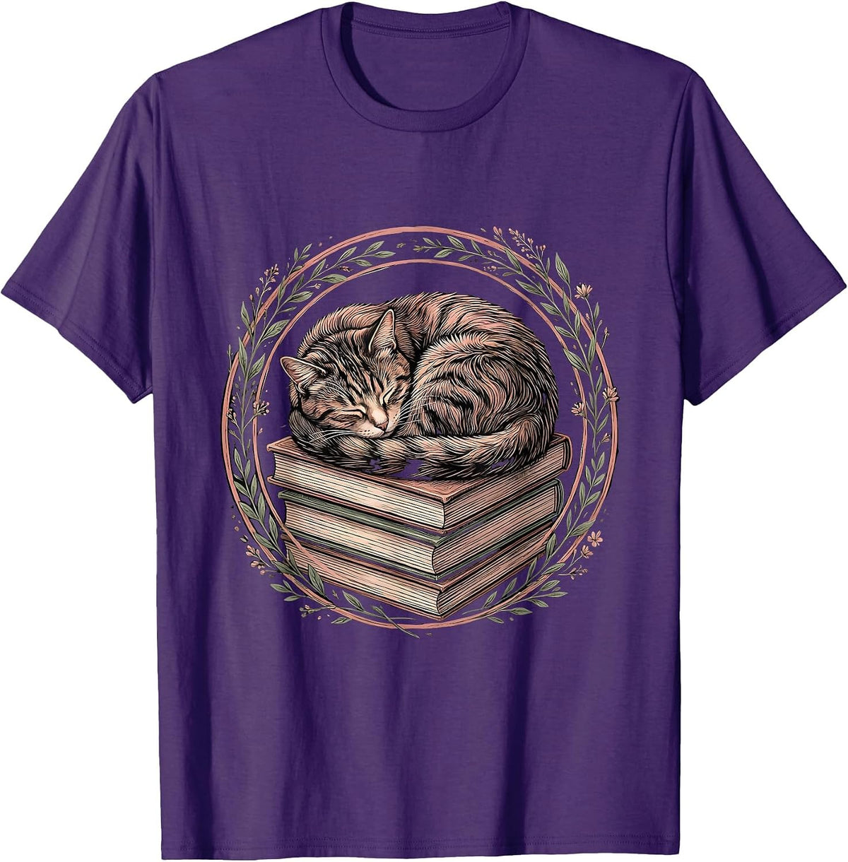 Sleeping Cat on Books Cozy Reading Illustration T-Shirt - Purple