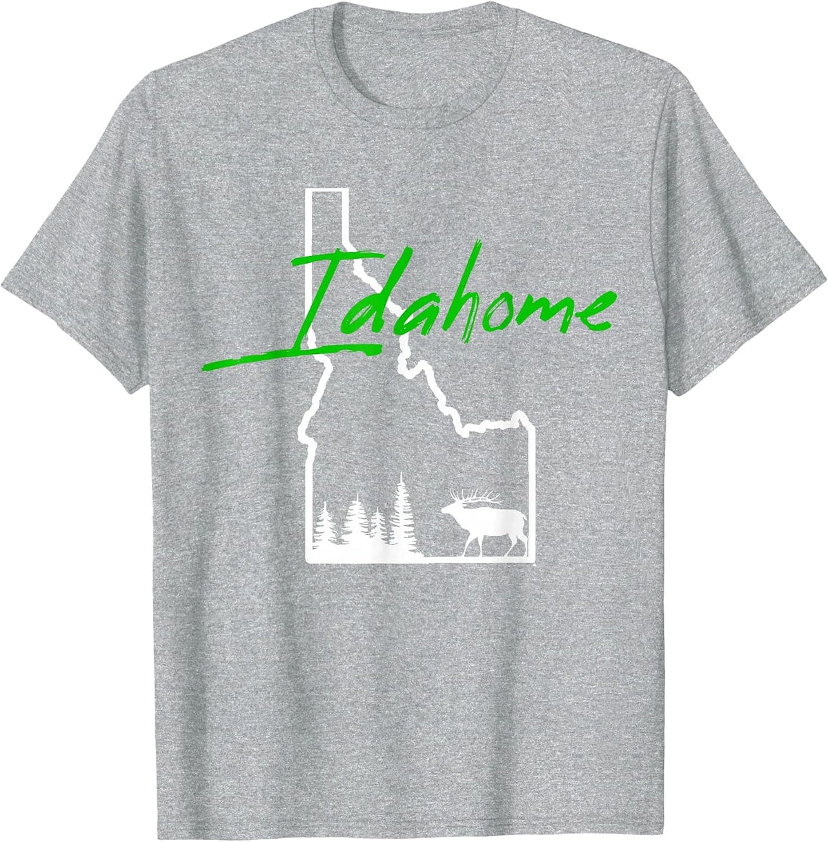 Idahome Tree Elk Silhouette Map Outline Cool Idaho Home T-Shirt - Heather Grey