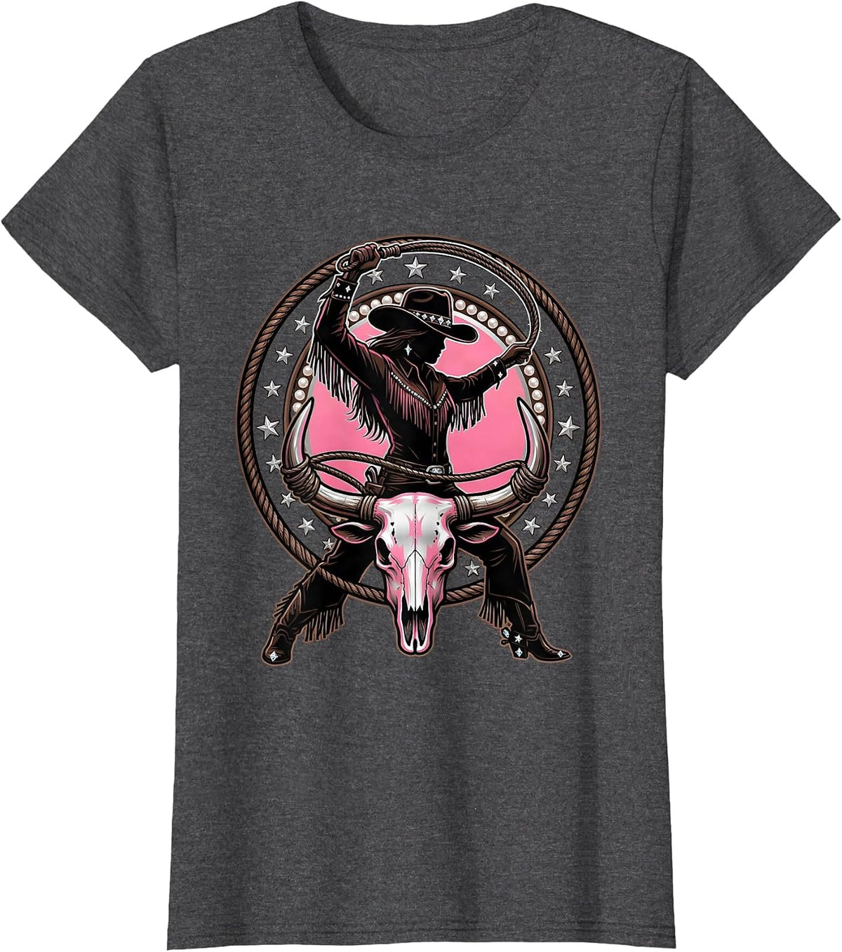 Women's Cowgirl Roping Steer Horns Western Rodeo Graphic T-Shirt - Dark Heather Grey