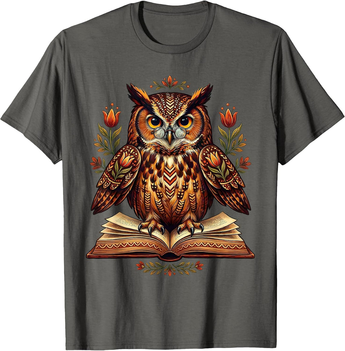Wise Owl Reading Book With Glasses Illustration T-Shirt - Asphalt Grey