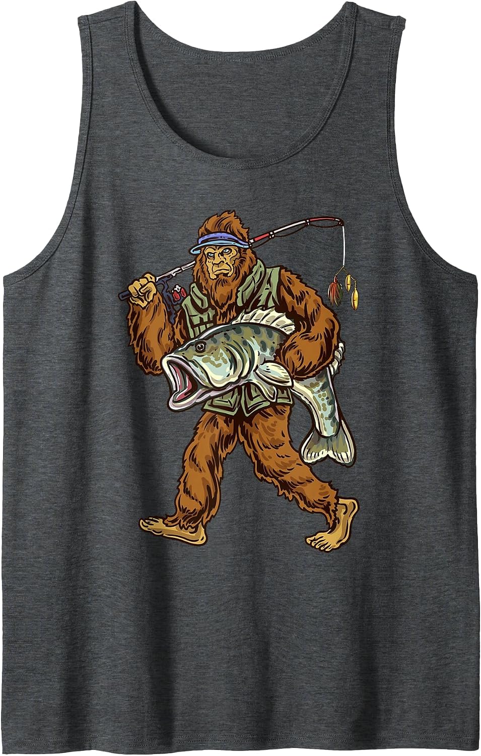 Largemouth Bass Fishing Bigfoot Fisherman Tank Top - Dark Heather Grey