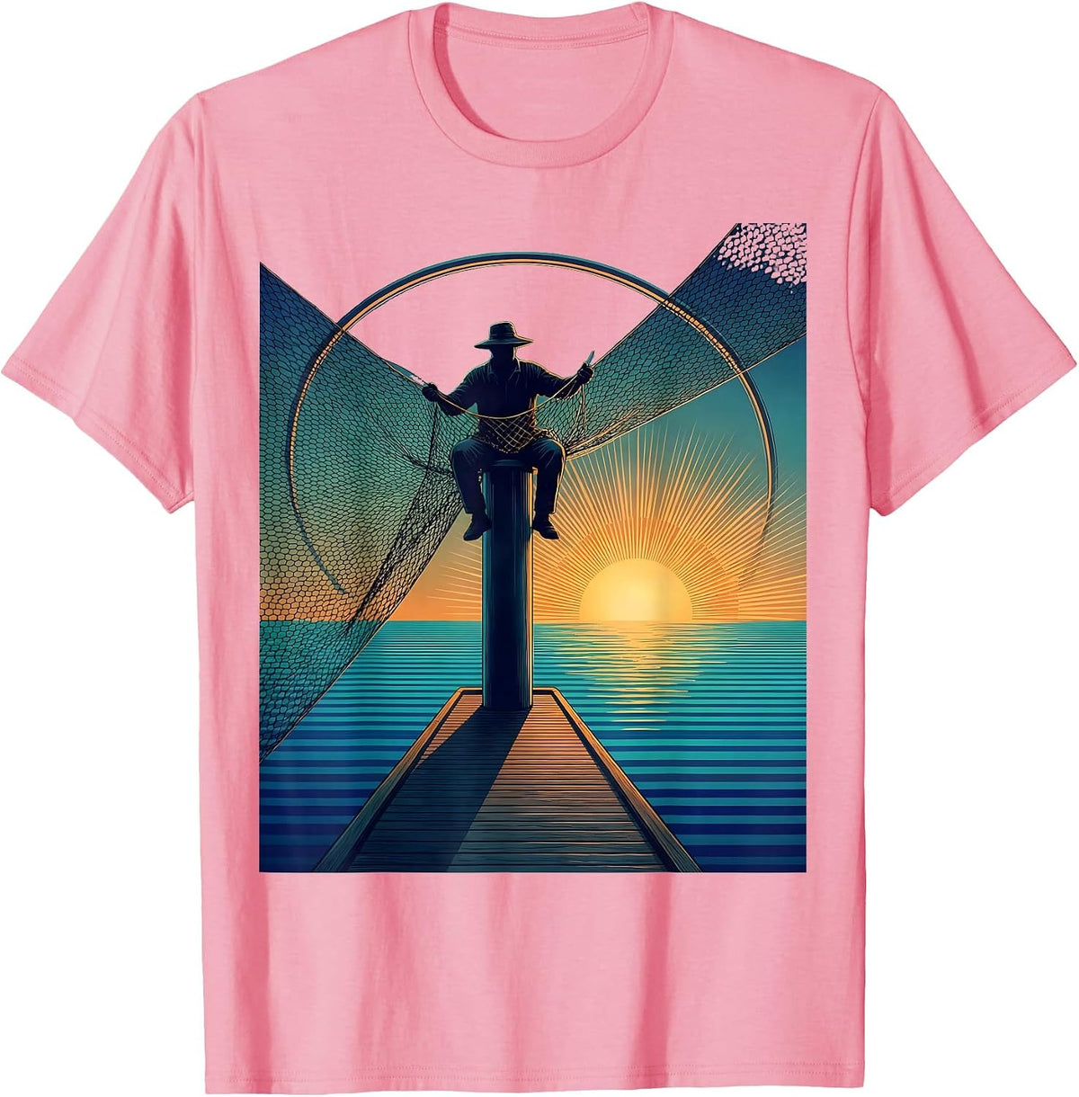 Men's Puerto Rico Fisherman Mending Nets Coastal Art T-Shirt - Pink
