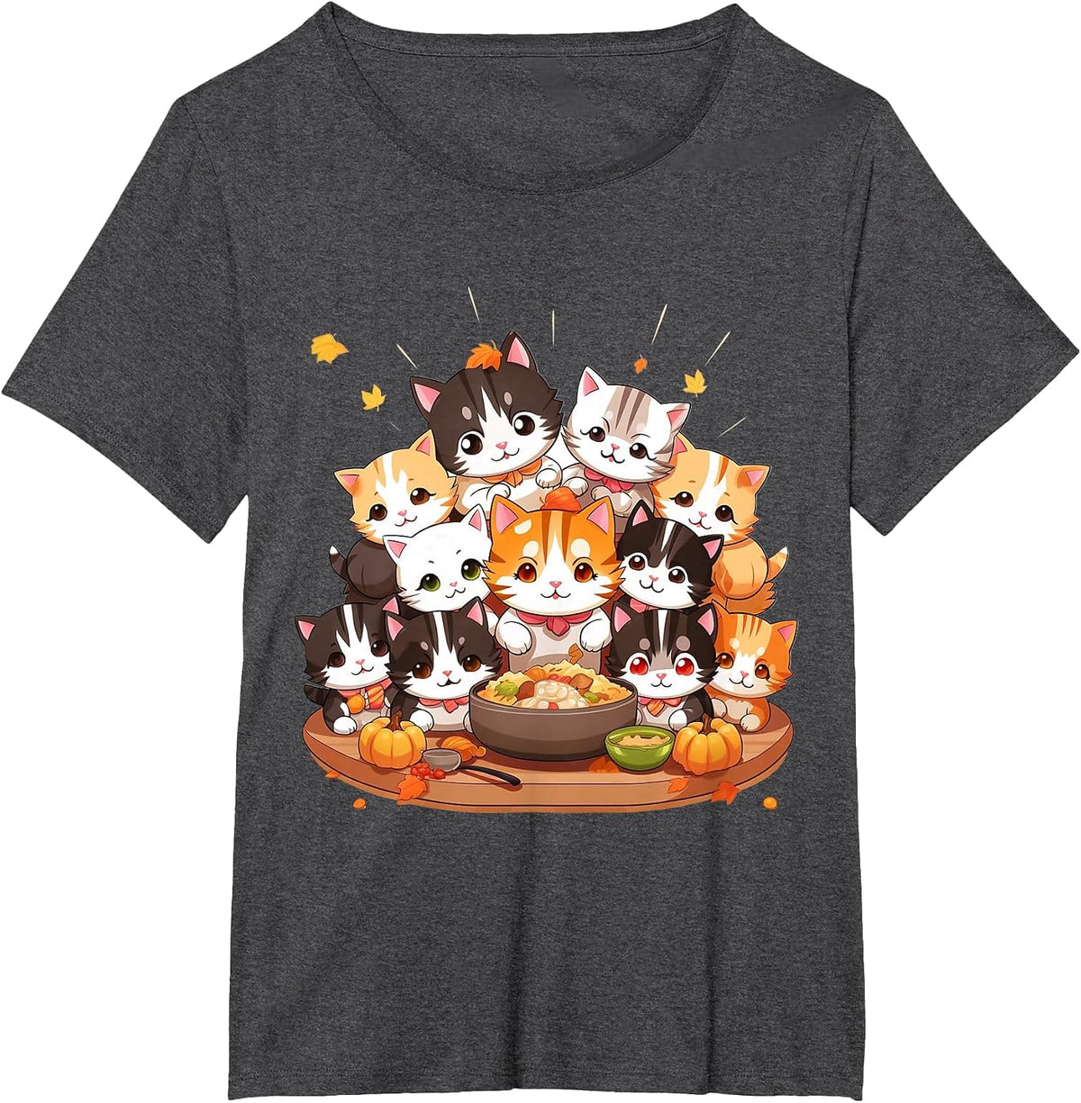 Cute Funny Cats Celebrating Thanksgiving Autumn Dinner T-Shirt - Dark Heather Grey