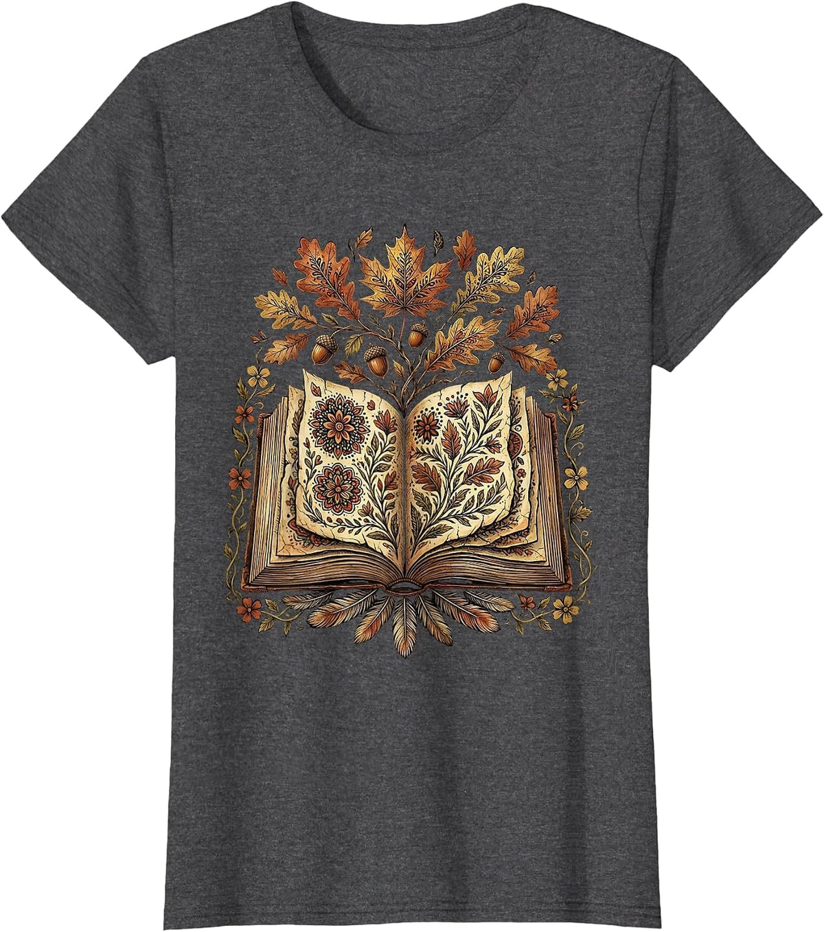 Women's Teacher Fall Open Book Leaves Illustration T-Shirt - Dark Heather Grey