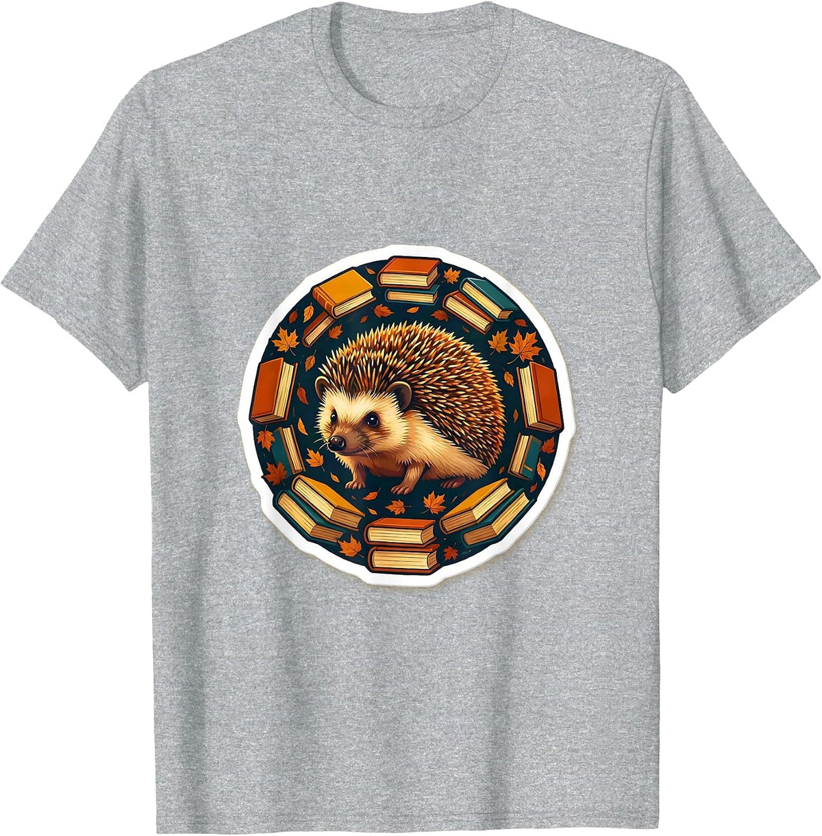 Men's Fall Teacher Hedgehog with Stacked Books Design T-Shirt - Heather Grey