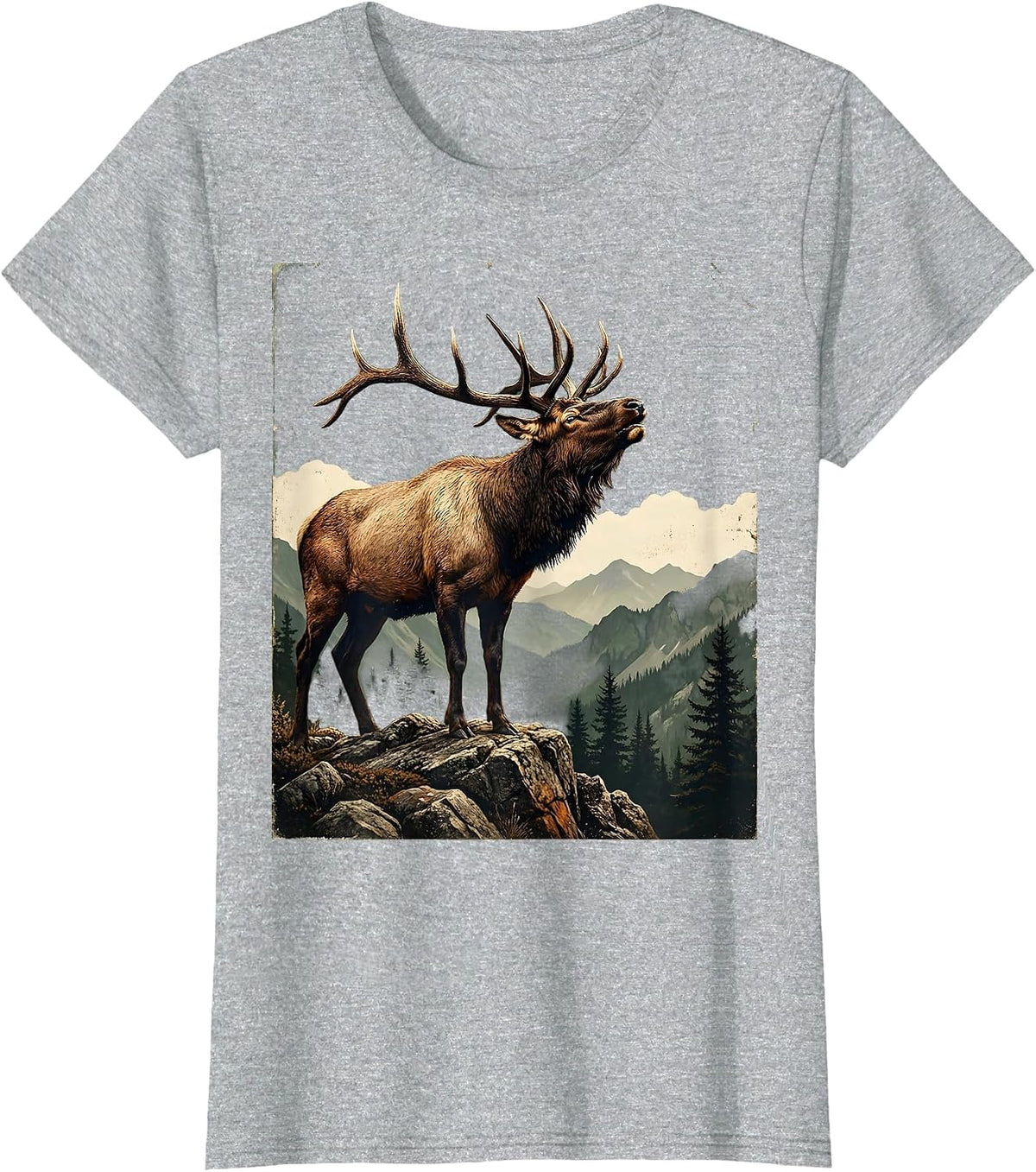 Women's Elk Bugling on Rocky Mountain Ridge T-Shirt - Heather Grey