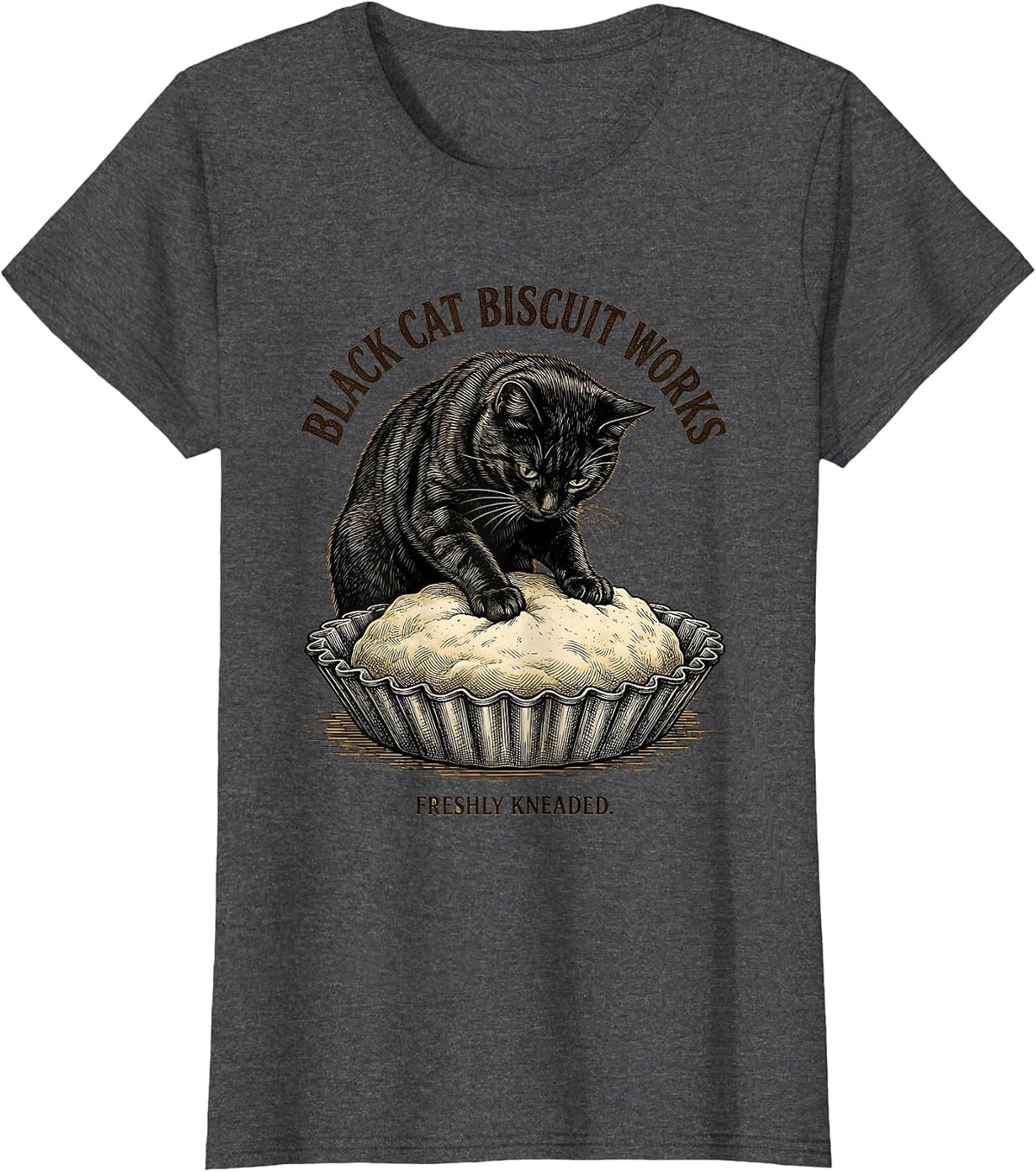 Women's Black Cat Biscuit Works Freshly Kneaded Funny Cat Lover T-Shirt - Dark Heather Grey