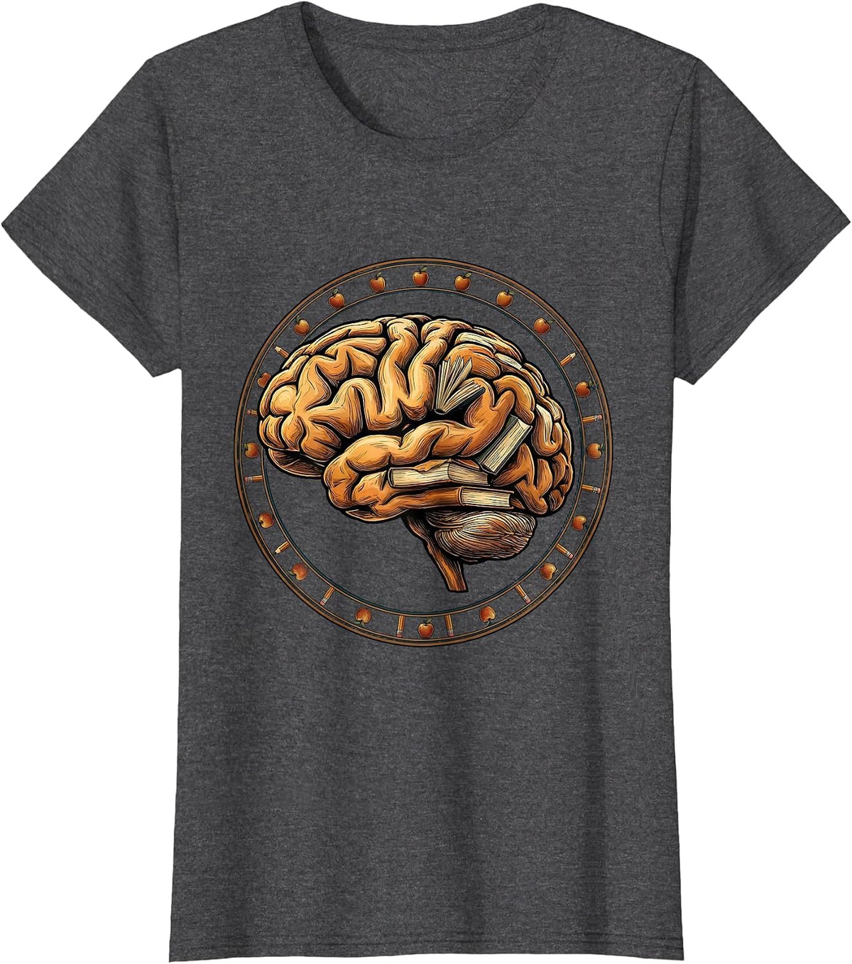 Women's Teacher Brain Made of Books Graphic Design T-Shirt - Dark Heather Grey