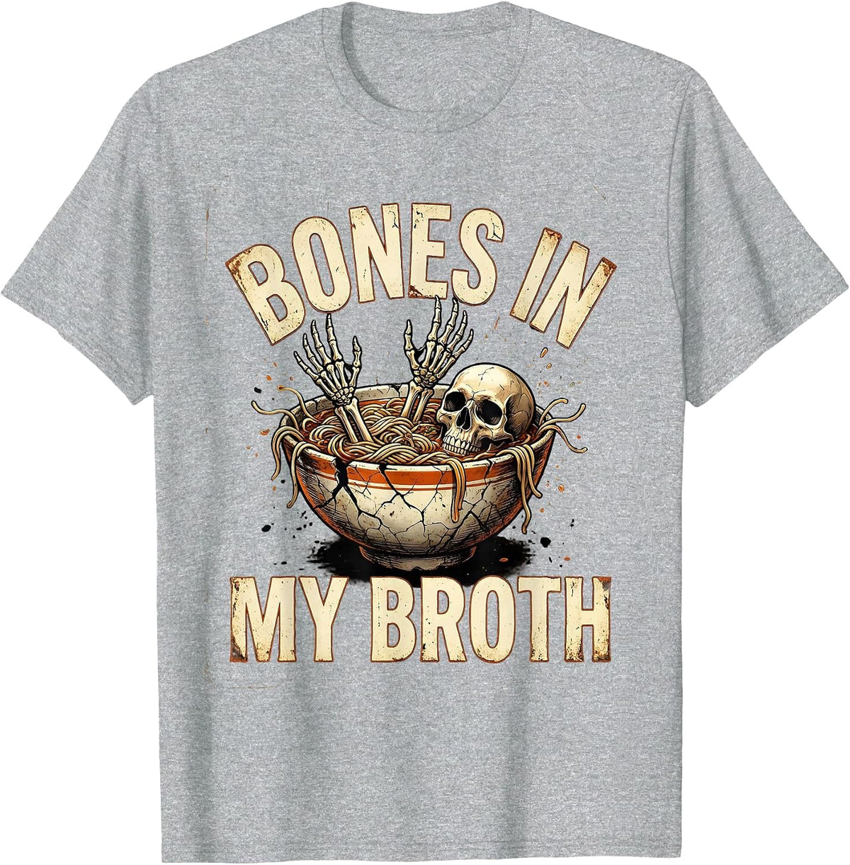 Men's Halloween Skeleton Ramen Noodle Bowl Bones Design T-Shirt - Heather Grey