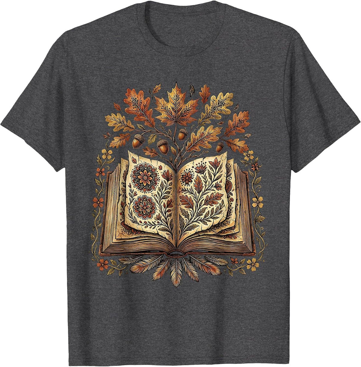 Men's Teacher Fall Open Book Leaves Illustration T-Shirt - Dark Heather Grey