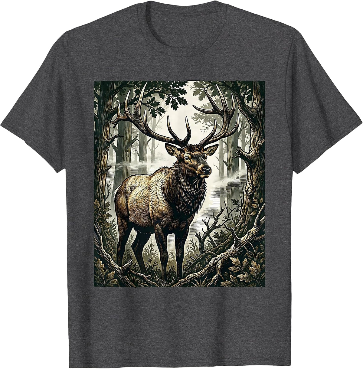 Bull Elk in Misty Camo Woods Illustration T-Shirt - Dark Heather Grey