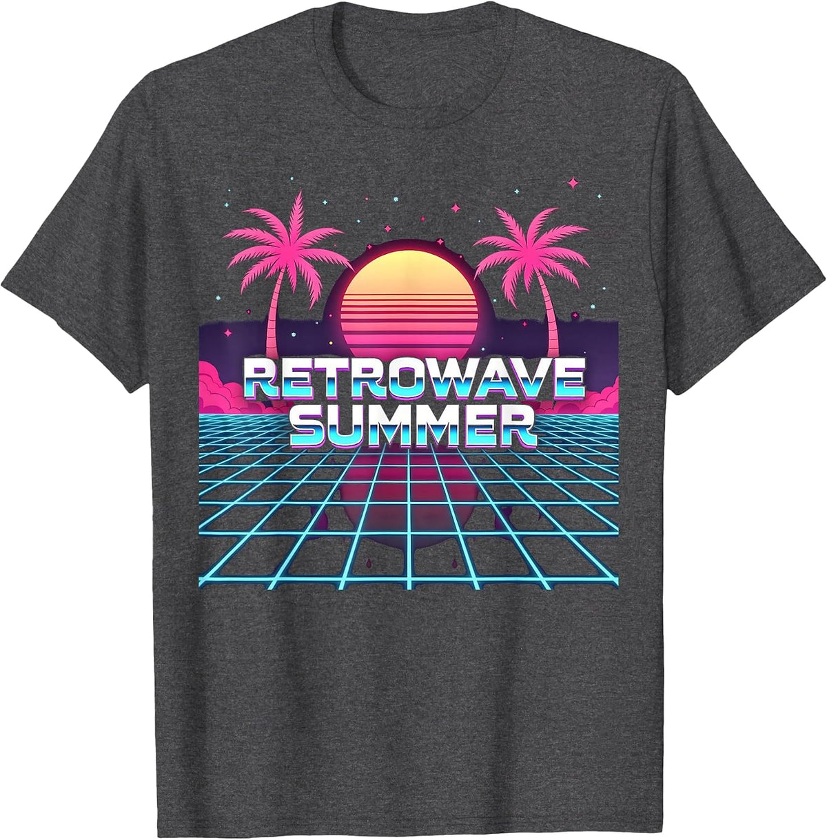 Retrowave Summer: 80s Inspired Tropical Sunset T-Shirt - Dark Heather Grey