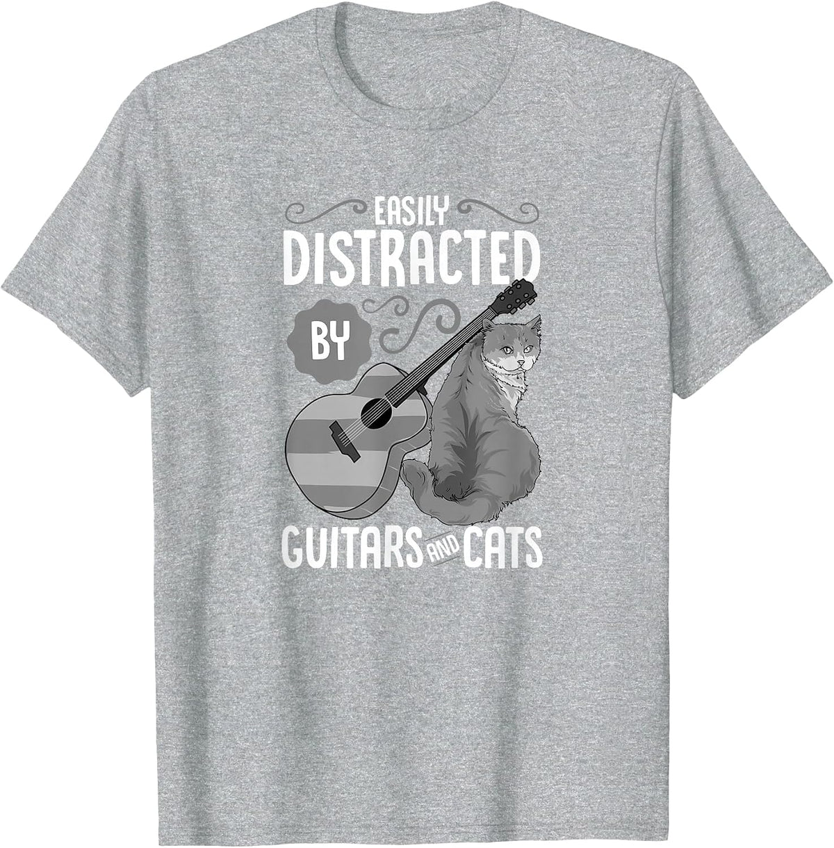 Easily Distracted by Guitars and Cats - Cat & Guitar Lover T-Shirt - Heather Grey