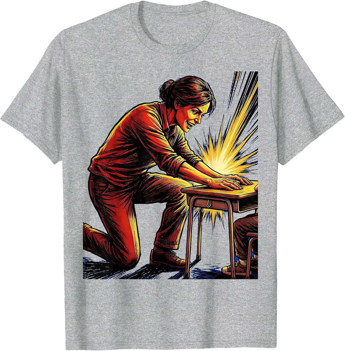 Men's SPED Teacher Kneeling at Student Desk Illustration T-Shirt - Heather Grey
