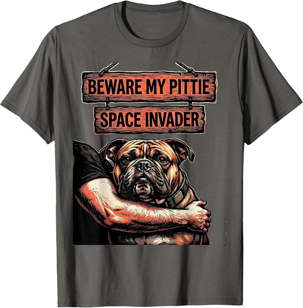 Beware My Pittie Space Invader Funny Pitbull Dog Lover T-Shirt - Asphalt Grey