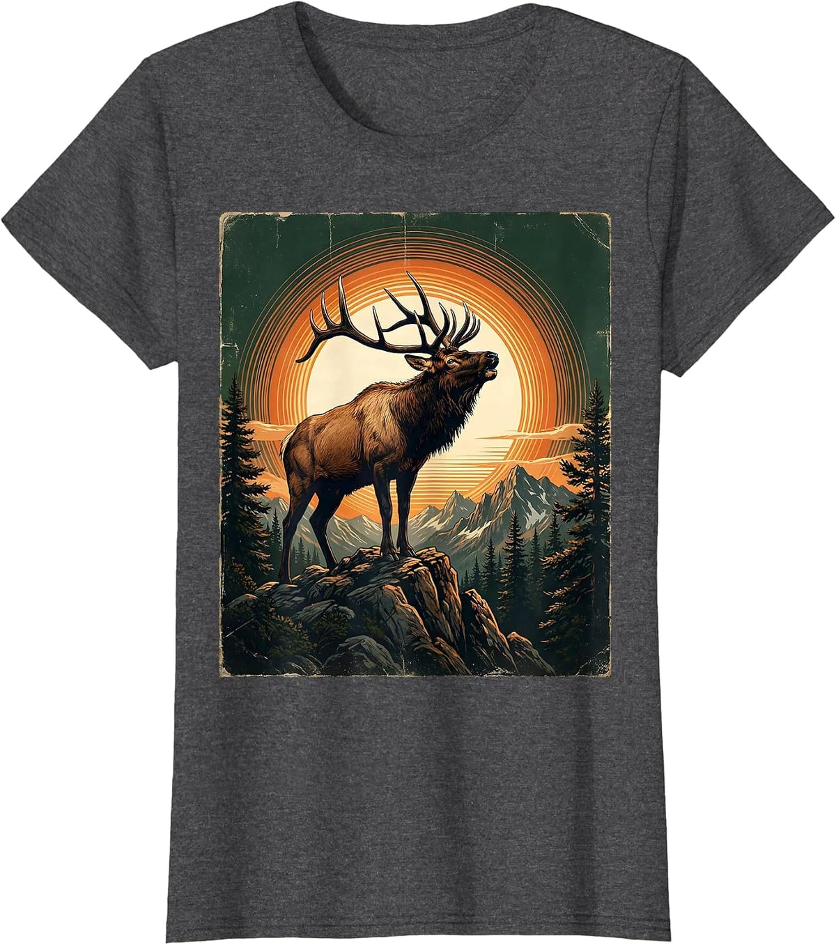 Women's Elk Bugling at Mountain Peak Sunrise T-Shirt - Dark Heather Grey