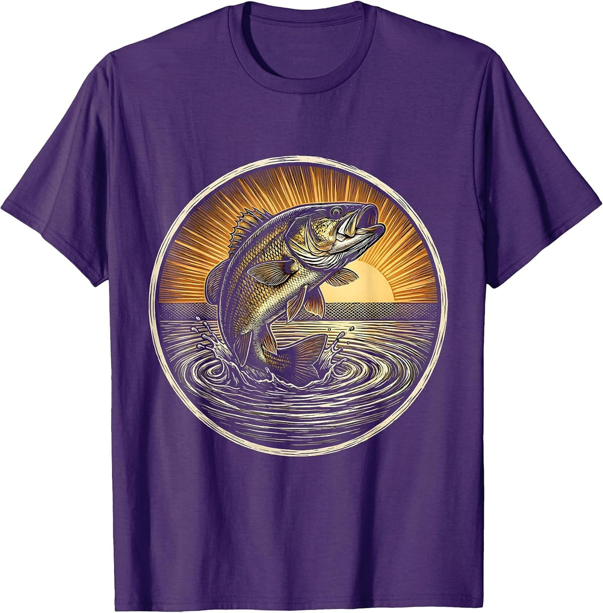 Bass Breaking Water Surface at Dusk Fishing T-Shirt - Purple