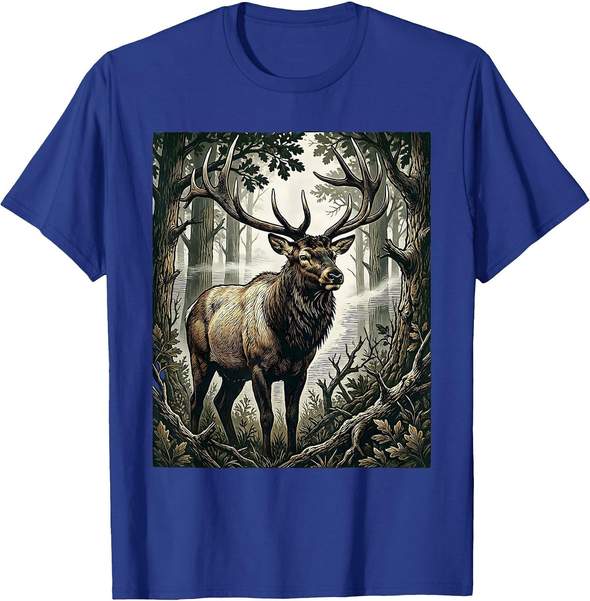 Bull Elk in Misty Camo Woods Illustration T-Shirt - Royal Blue