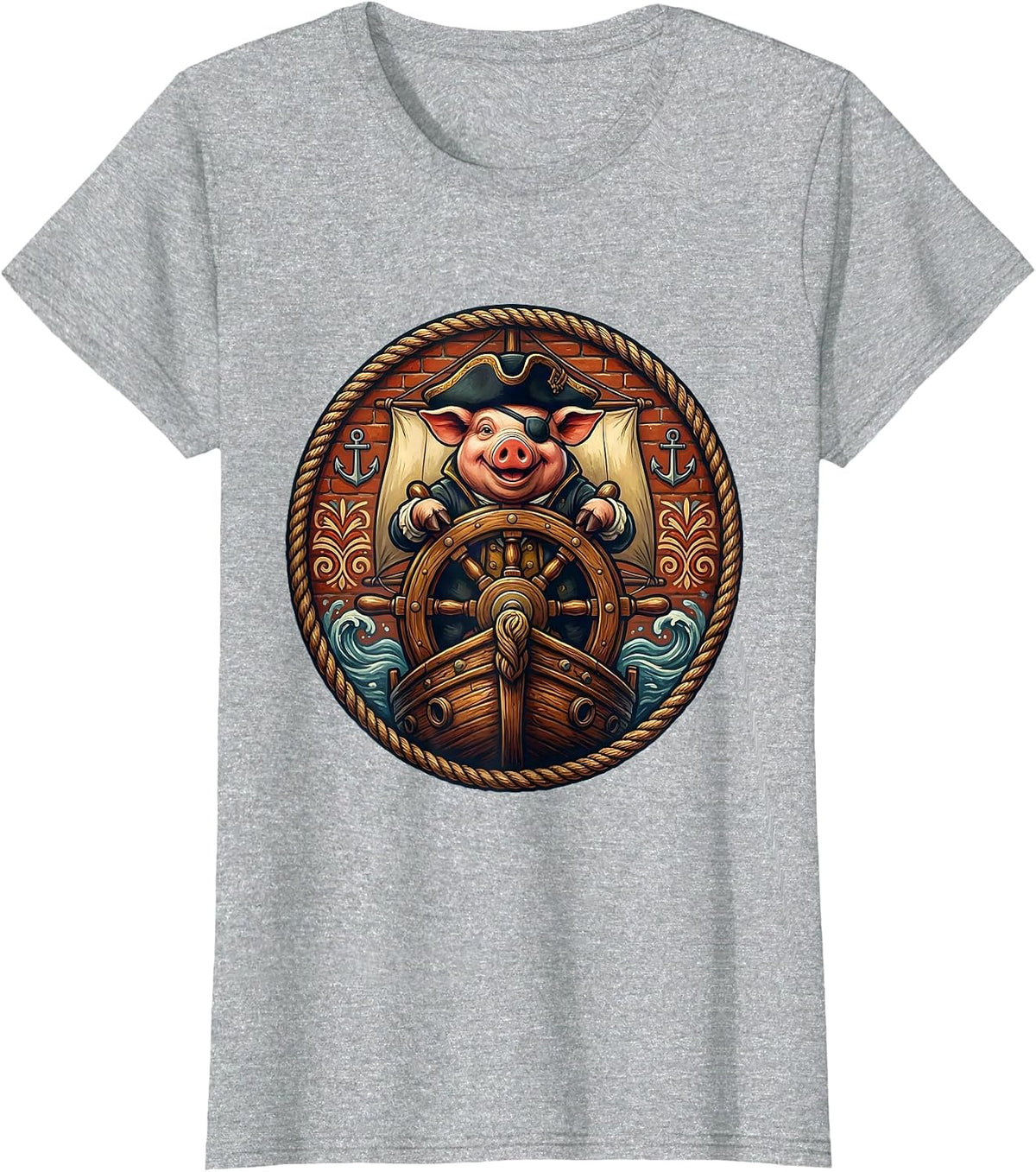 Pig Pirate Captain Steering Old Wooden Ship T-Shirt - Heather Grey