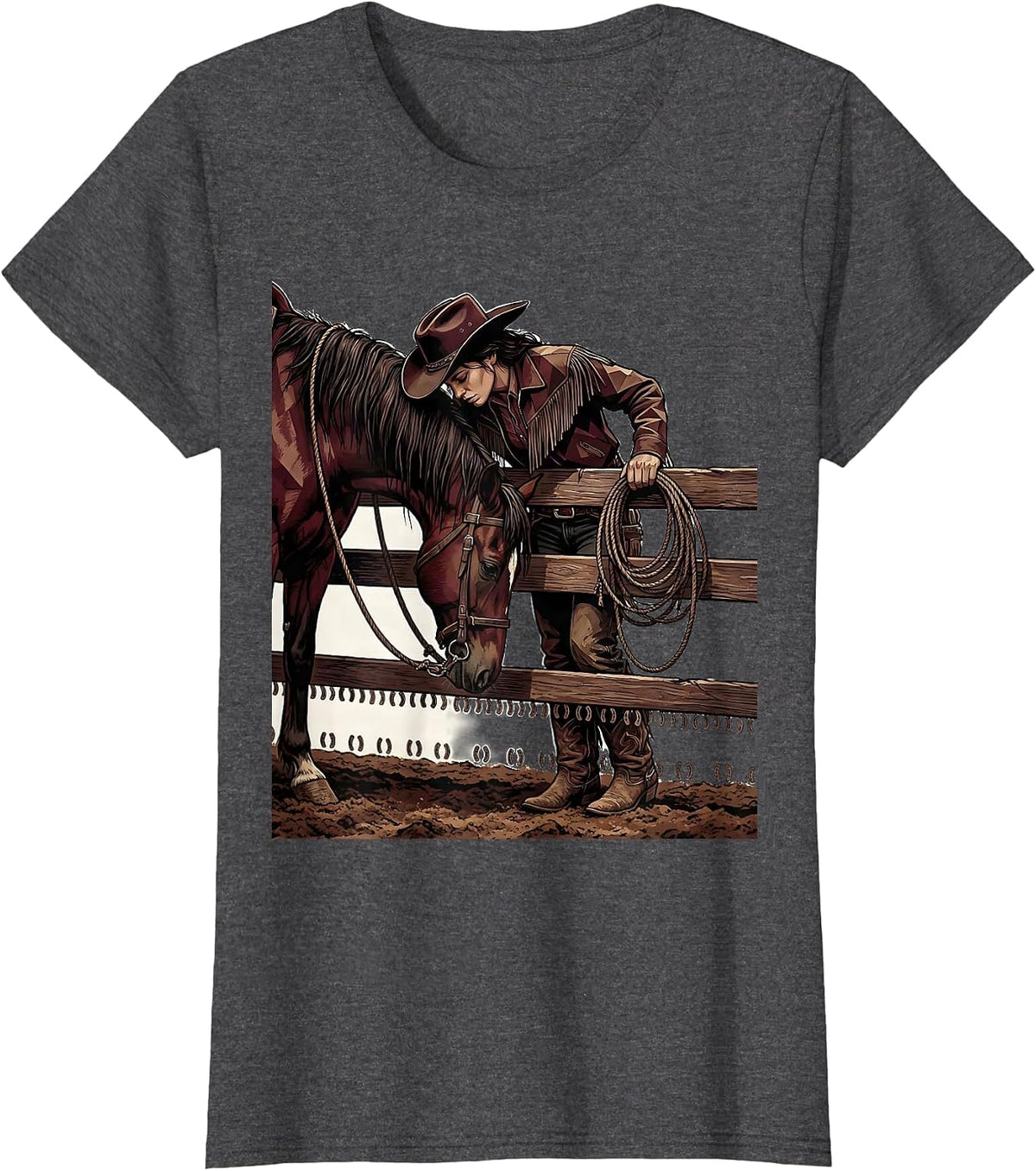 Women's Black Cowgirl Horse Rodeo Pride Western Pride Illustration T-Shirt - Dark Heather Grey