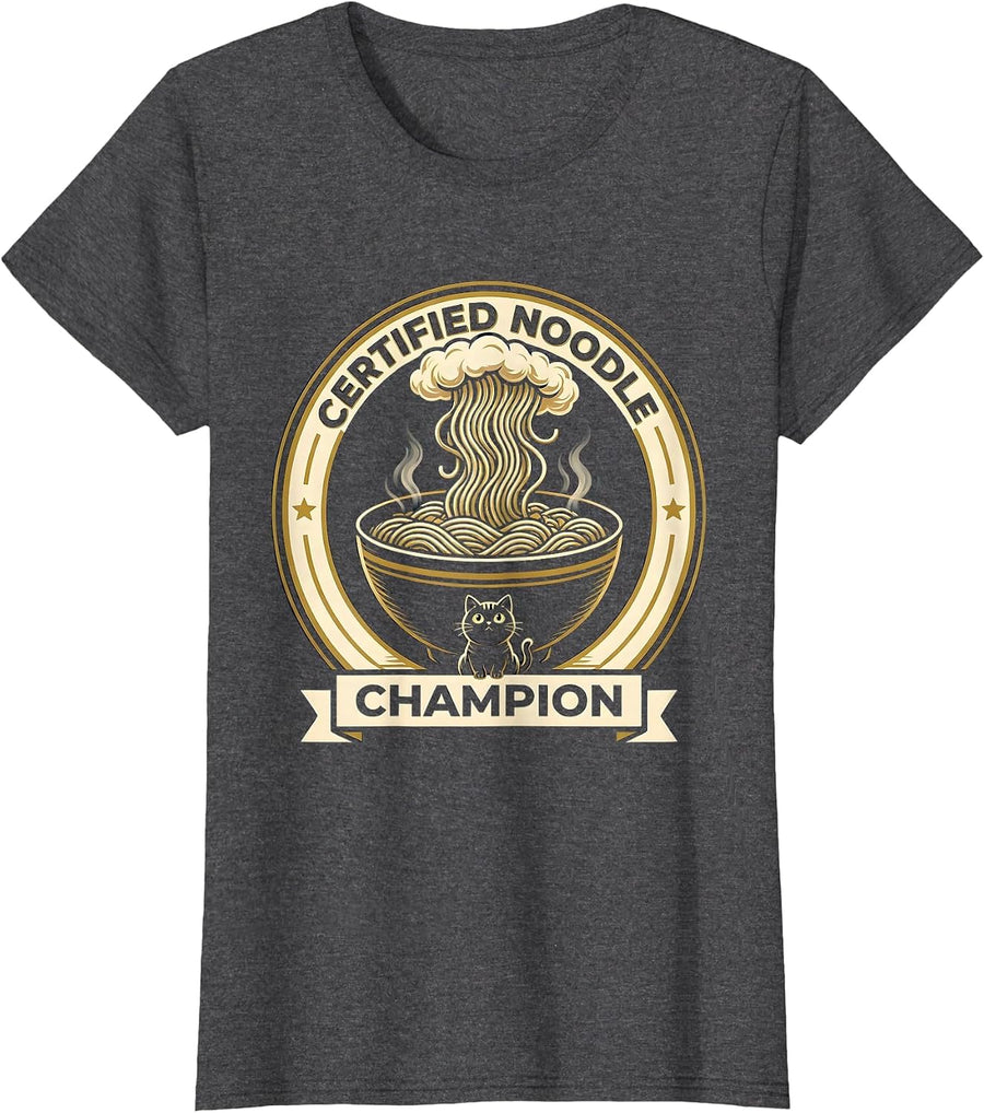 Women's Certified Noodle Champion Funny Cat Ramen Anime Kawaii Gift T-Shirt - Dark Heather Grey