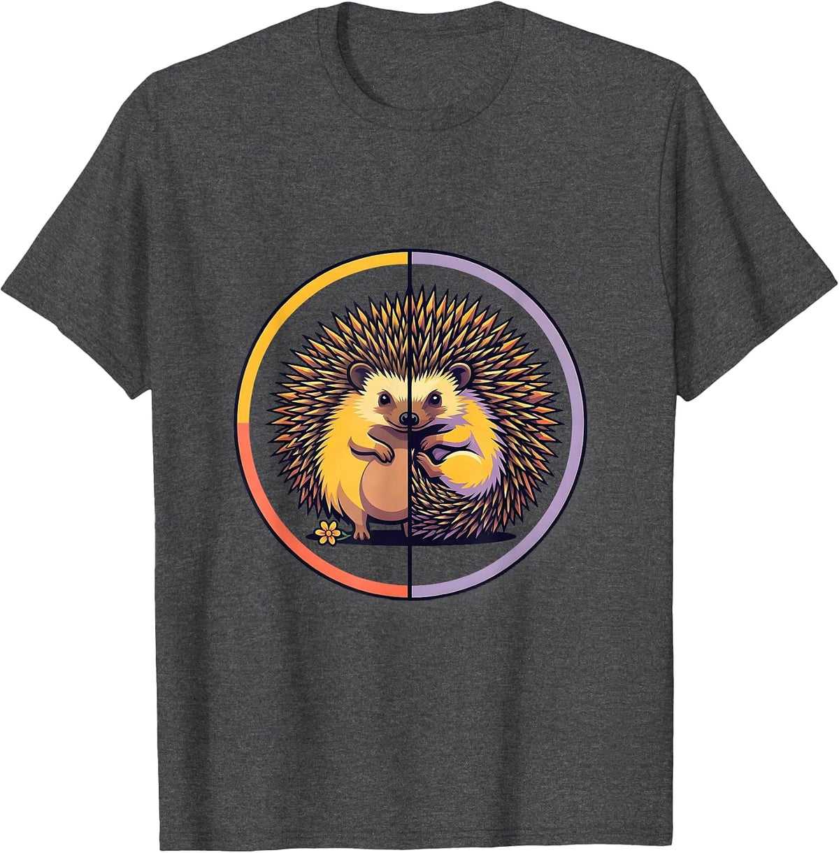 Hedgehog Half Portrait Flat Vector Cute Animal Humor T-Shirt - Dark Heather Grey
