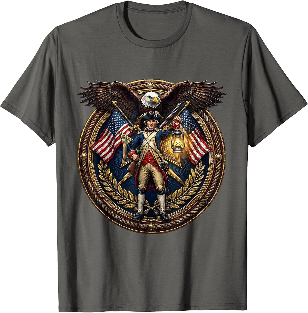 Colonial Minuteman Musket and Lantern Patriotic T-Shirt - Asphalt Grey