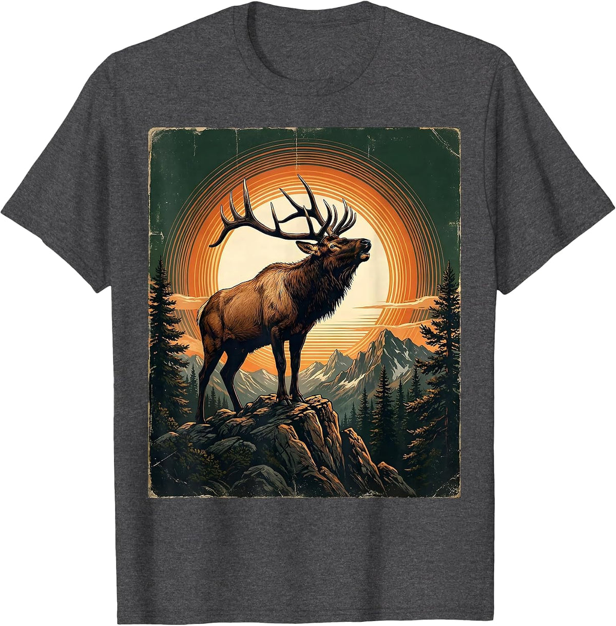 Men's Elk Bugling at Mountain Peak Sunrise T-Shirt - Dark Heather Grey
