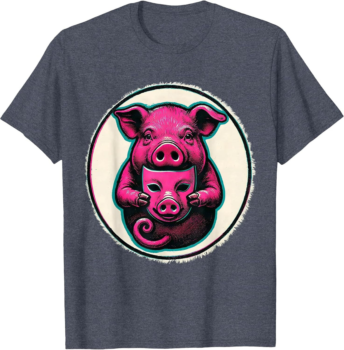 Piglet Mask Badge Risograph Pig Lover Halloween Costume T-Shirt - Heather Blue