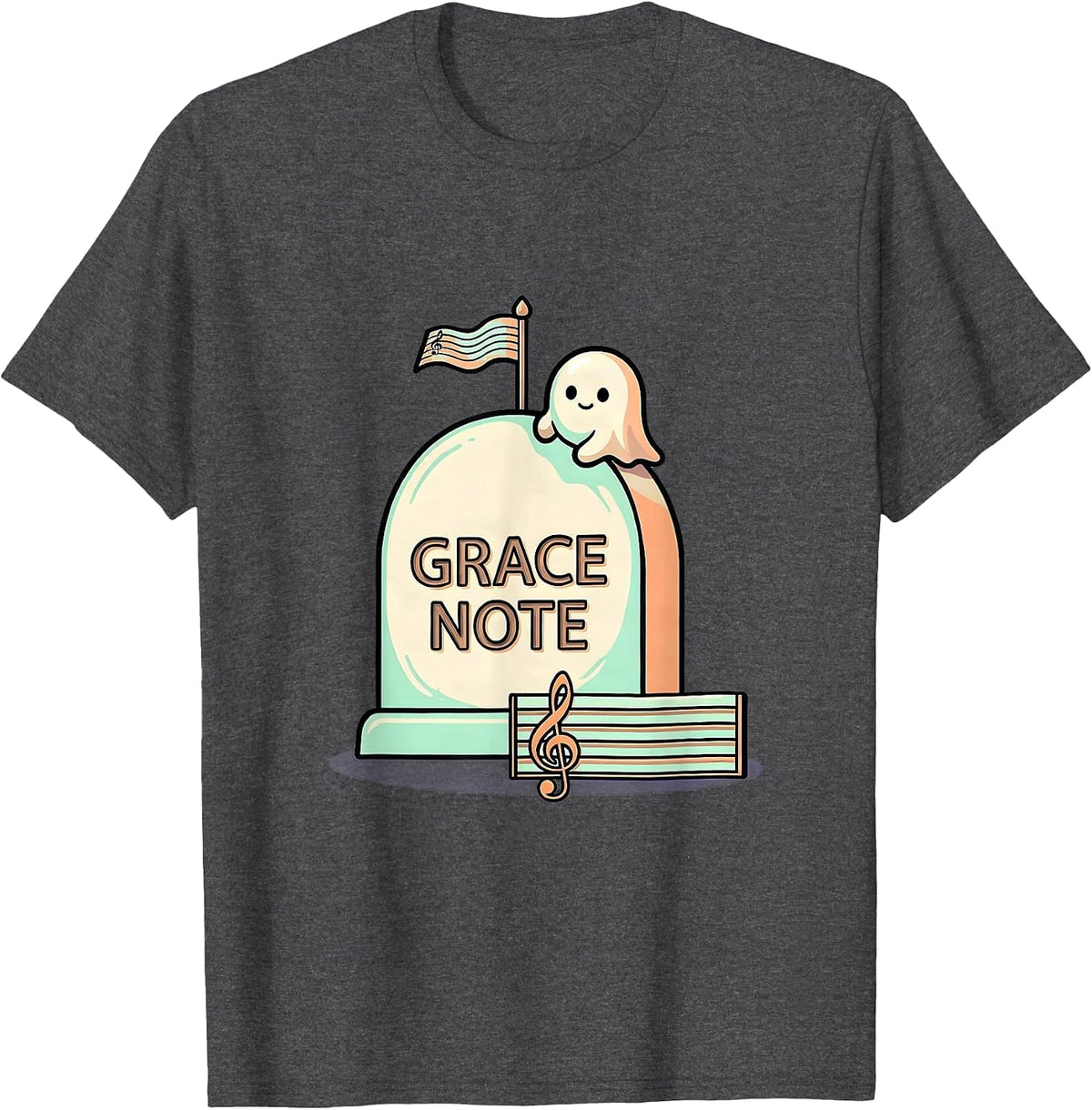 Grace Note Cute Kawaii Ghost Music Teacher Halloween Humor T-Shirt - Dark Heather Grey