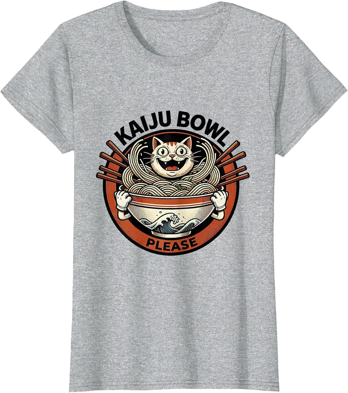 Kaiju Bowl Please Retro Cartoon Anime Cat Ramen Otaku Gift T-Shirt - Heather Grey