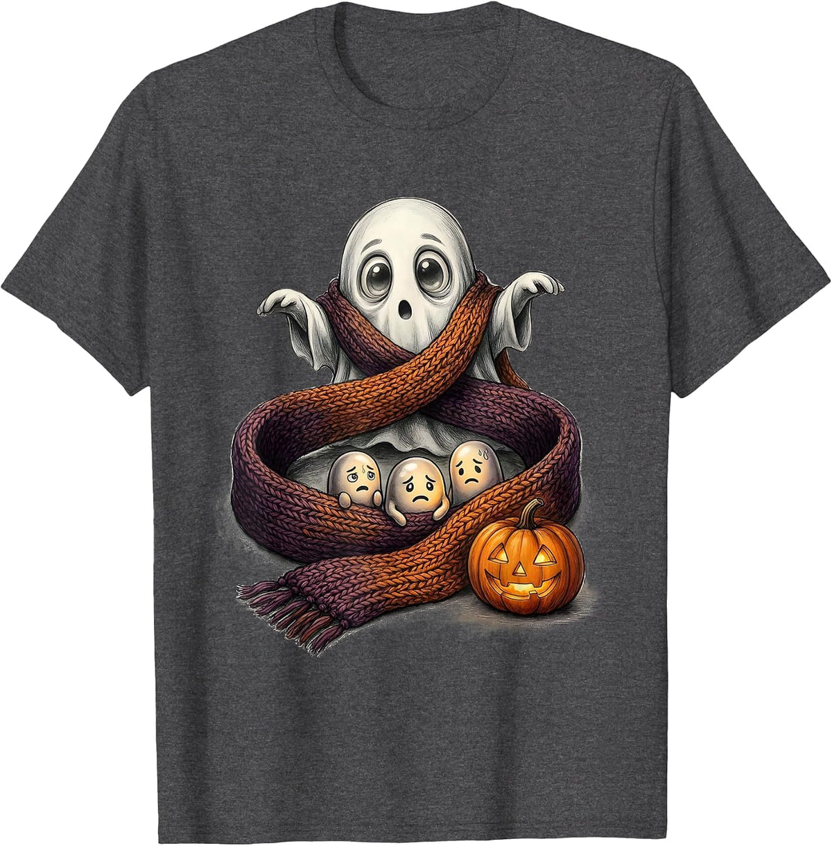 Friendly Ghost Scarf Mental Health Awareness Halloween T-Shirt - Dark Heather Grey