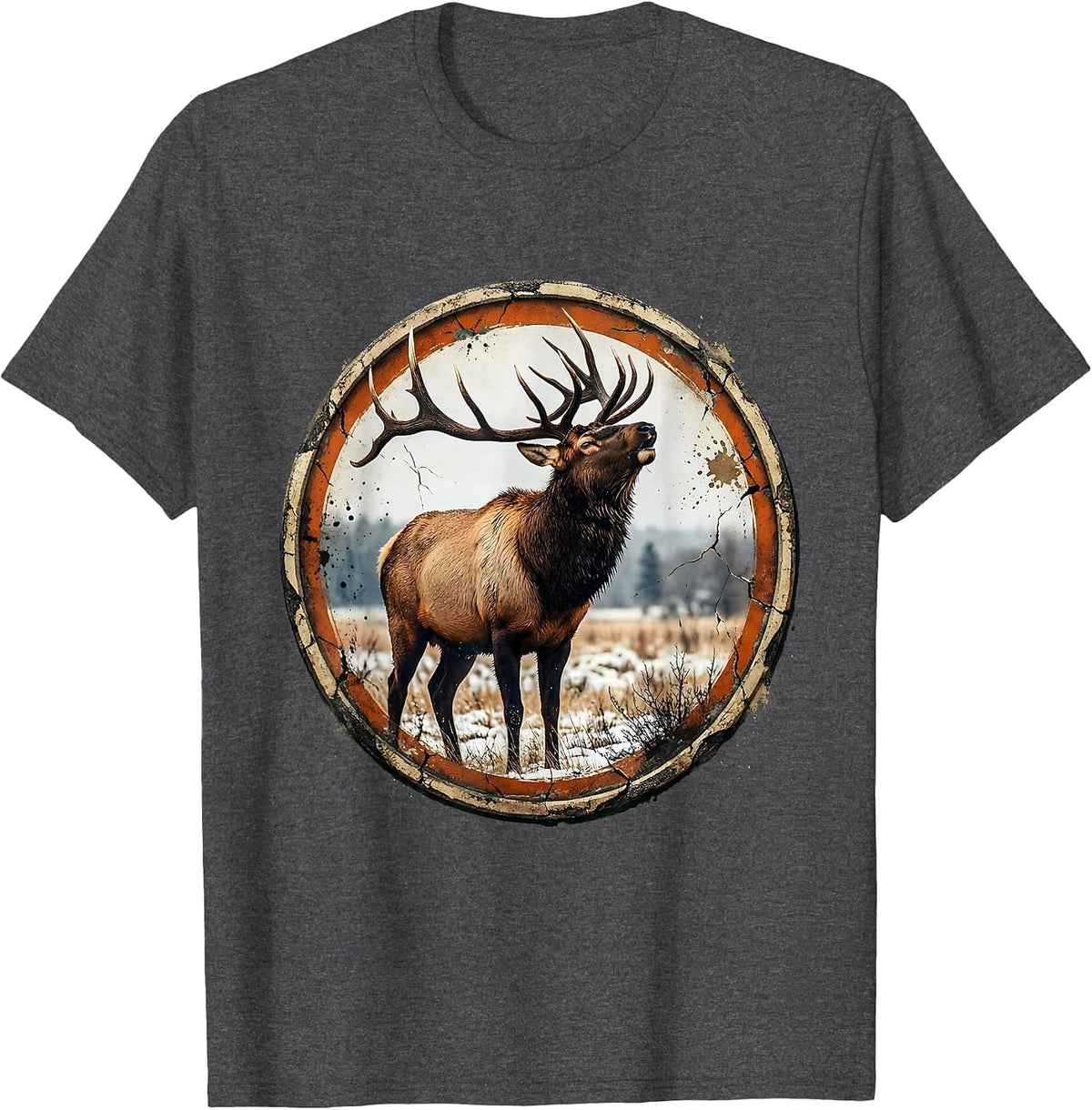 Men's Bull Elk Bugling in Snowy Meadow Illustration T-Shirt - Dark Heather Grey