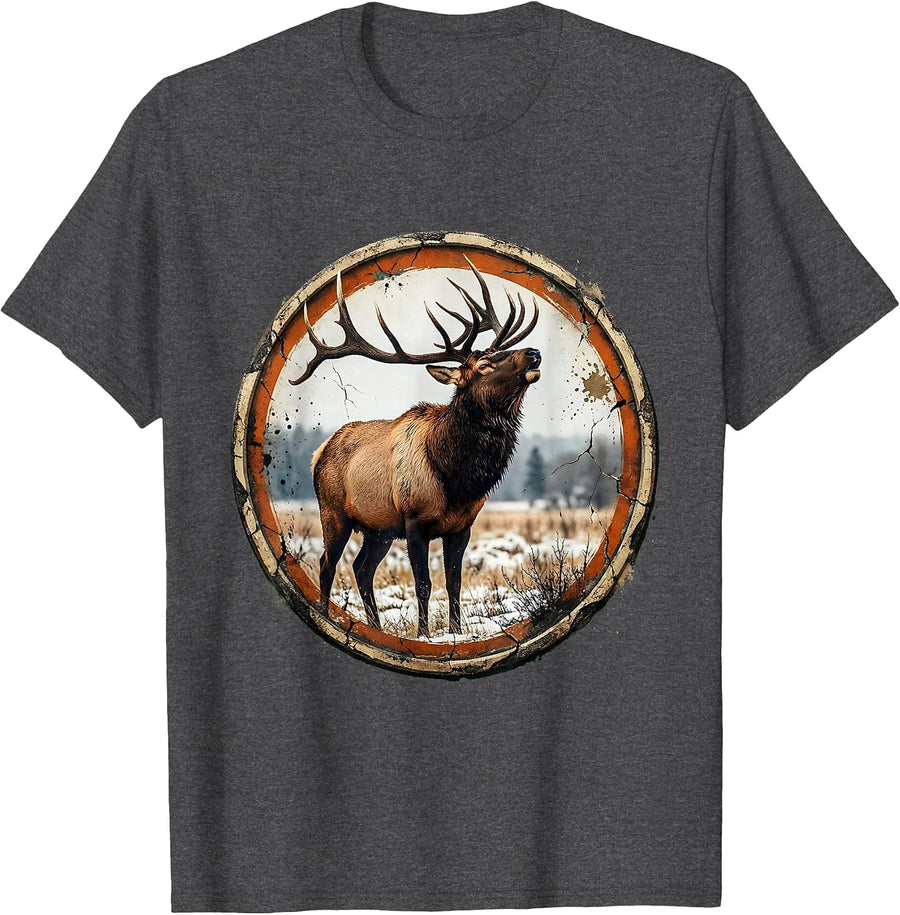 Men's Bull Elk Bugling in Snowy Meadow Illustration T-Shirt - Dark Heather Grey