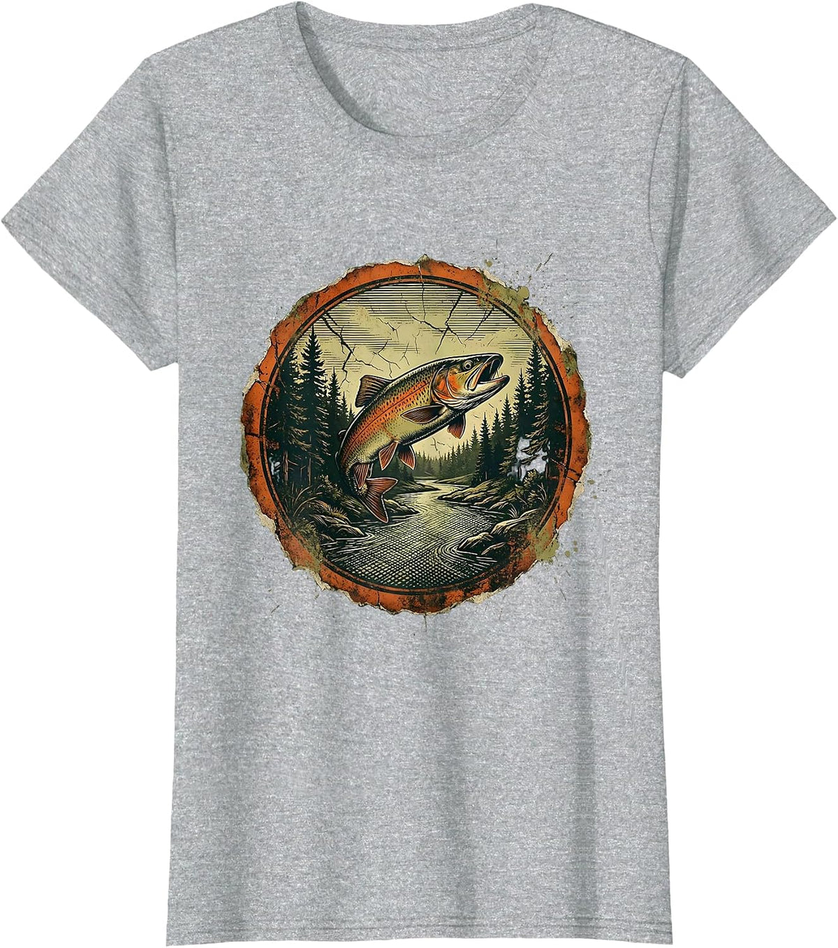 Women's Trout Stream Pine Forest Fly Fishing Illustration T-Shirt - Heather Grey