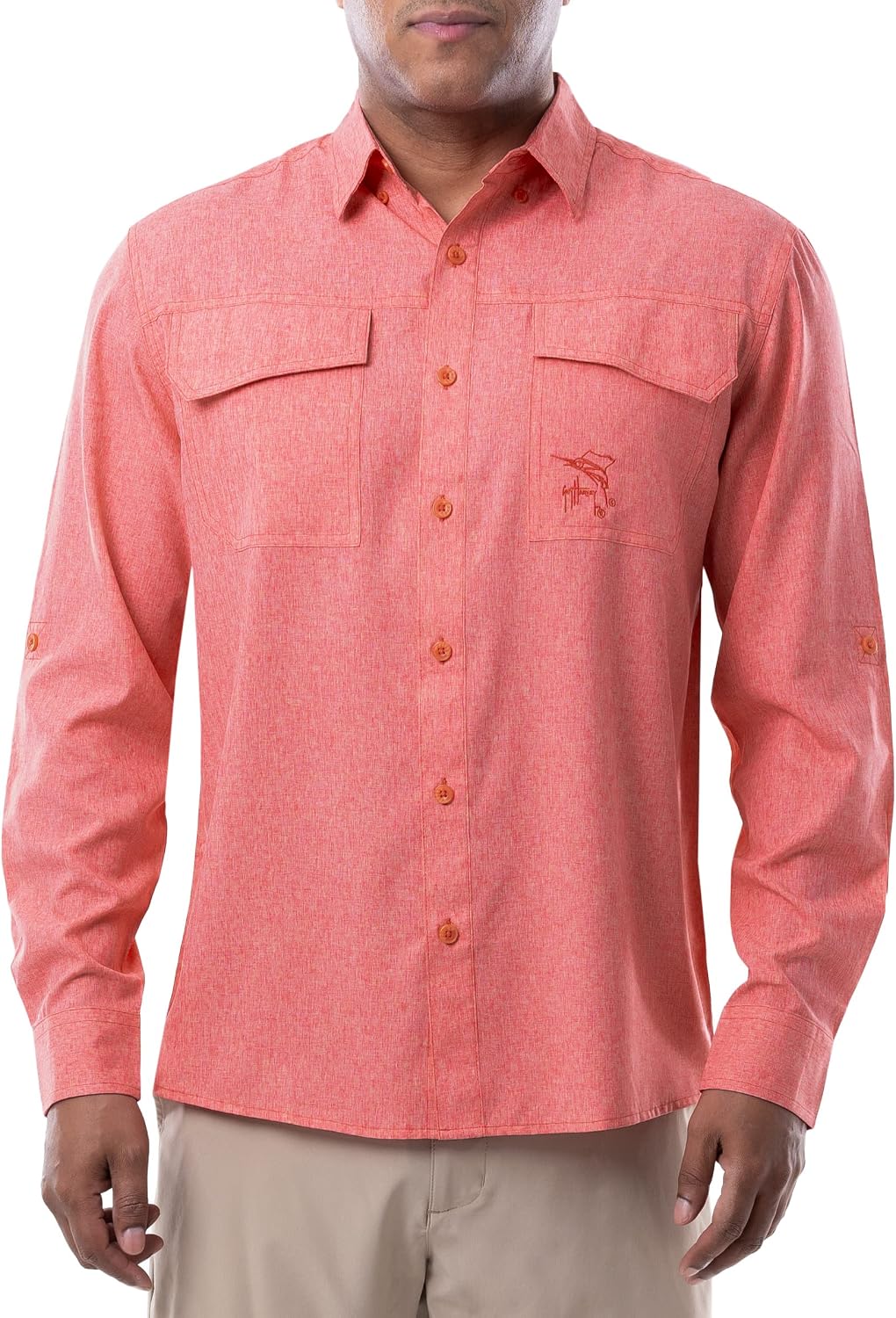 Guy Harvey Men's Long Sleeve Harbor Heather Performance Fishing Shirt - Tomato Red