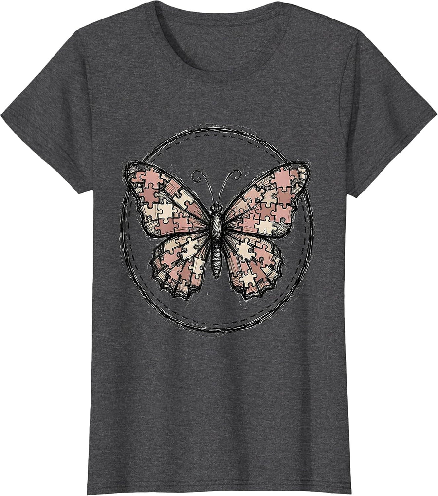 Women's Autism Awareness Butterfly Puzzle Piece Art T-Shirt - Dark Heather Grey