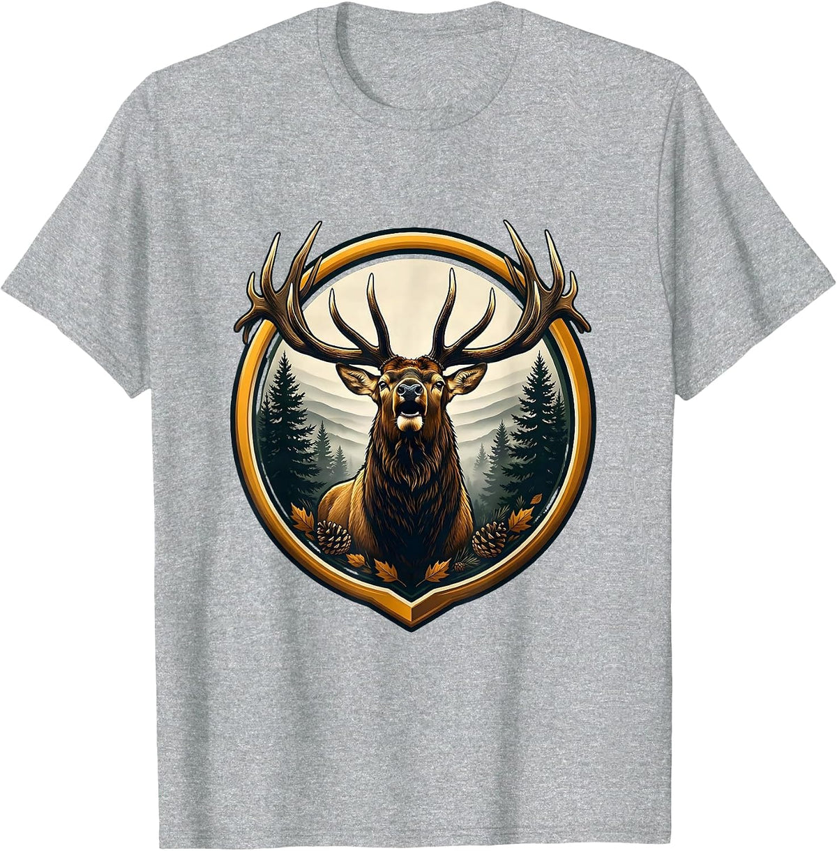 Men's Elk Bugling in Foggy Pine Forest Fall Design T-Shirt - Heather Grey
