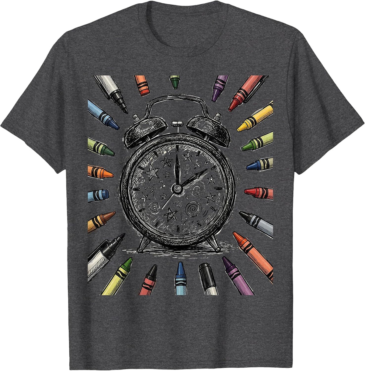 Men's Sped Teacher Alarm Clock Crayons Markers Graphic T-Shirt - Dark Heather Grey