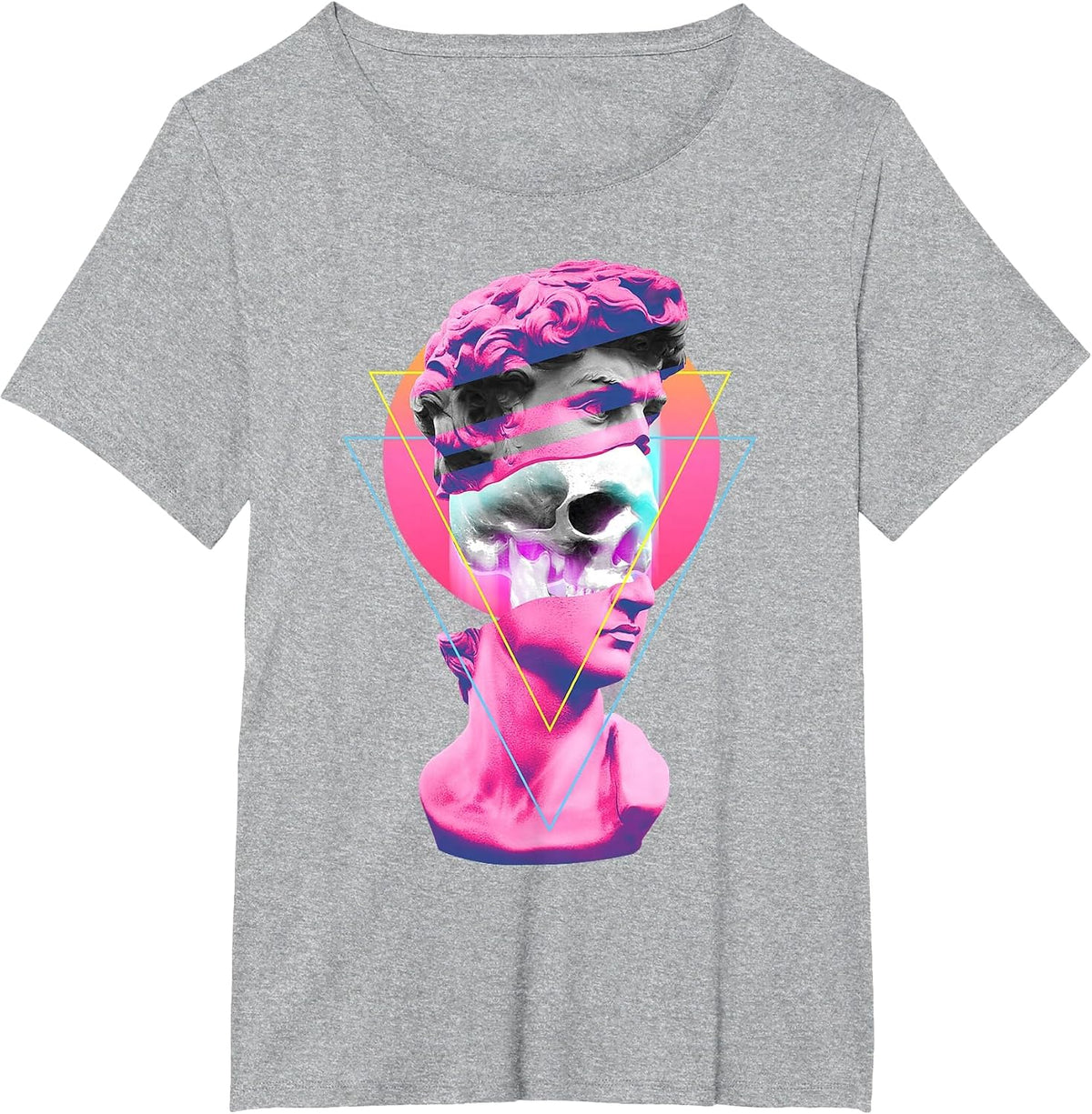 Vaporwave Statue David Bust Skull Retro 80s Glitch T-Shirt - Heather Grey