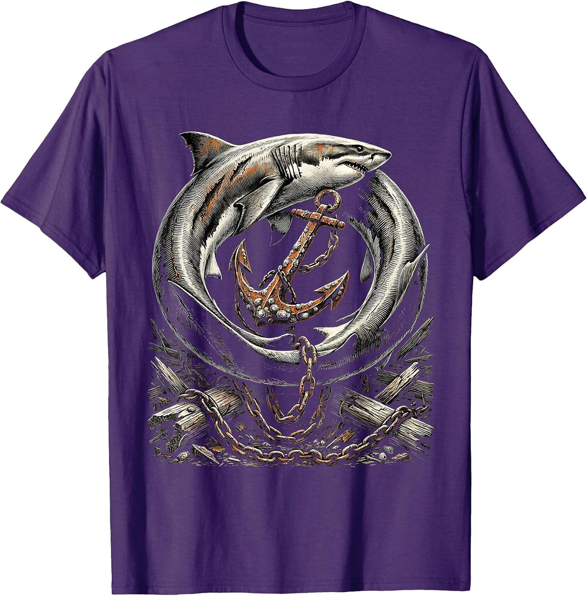 Men's Bull Shark Circling Shipwreck Anchor Graphic T-Shirt - Purple