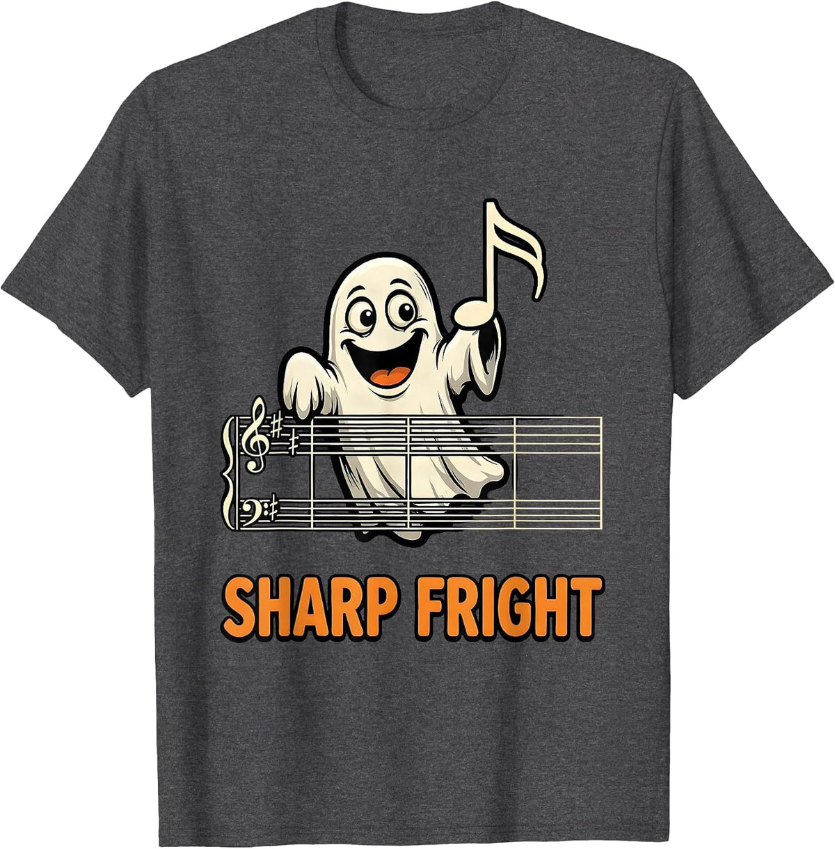 Men's Sharp Fright Cartoon Ghost Music Teacher Halloween Humor T-Shirt - Dark Heather Grey