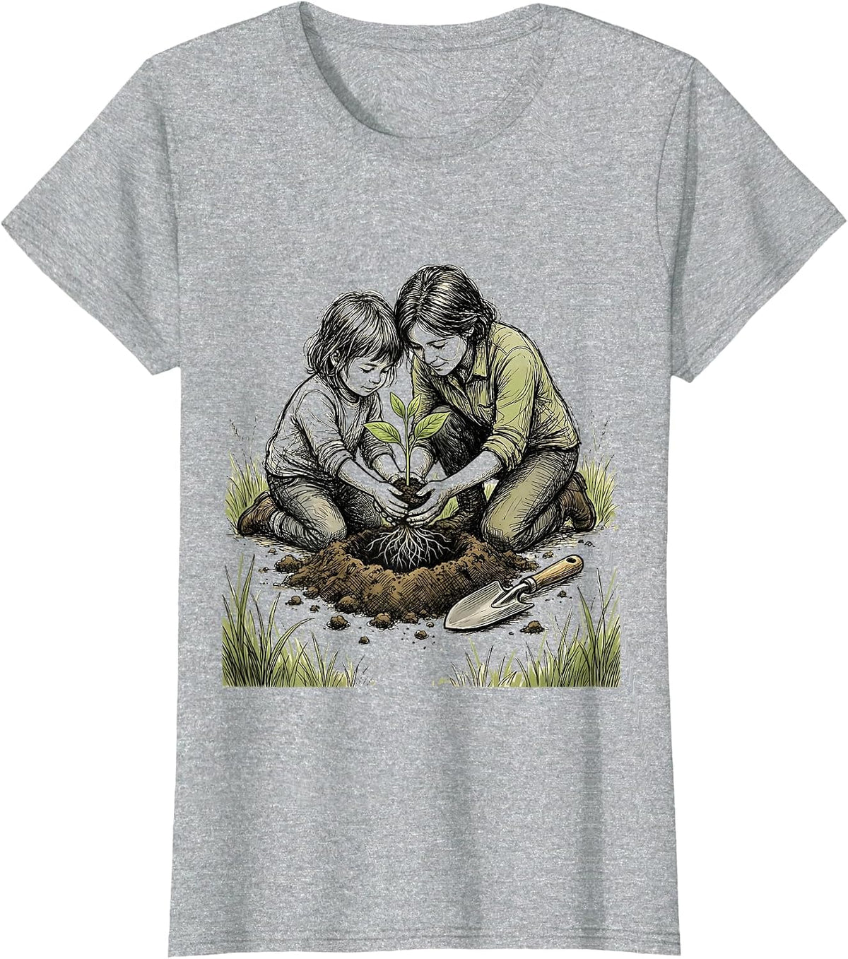 Women's Preschool Teacher Planting Seedling With Child T-Shirt - Heather Grey