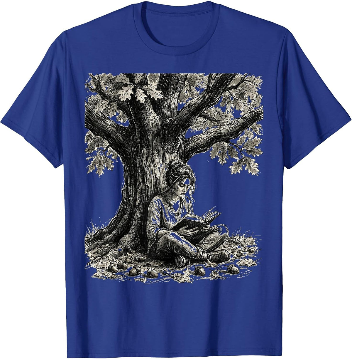 Reading Under the Oak Tree Book Lover Design T-Shirt - Royal Blue